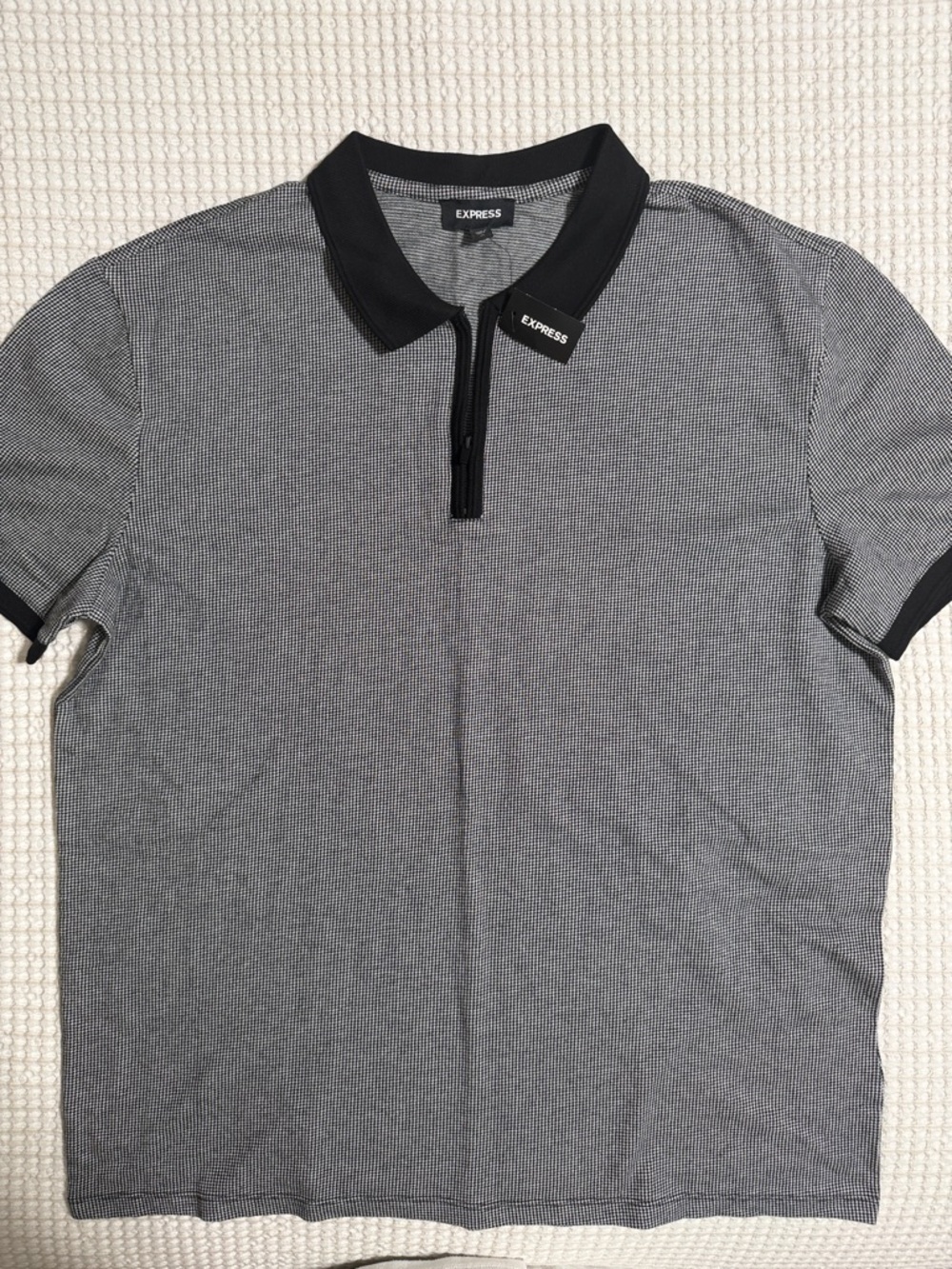 Express Men's Black & White Micro-Pattern Zip Polo